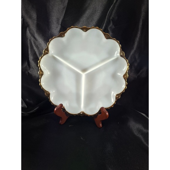 Other - Vintage Milk Glass Divided Relish Dish Scalloped‎ Gold Trim 3 Section Server